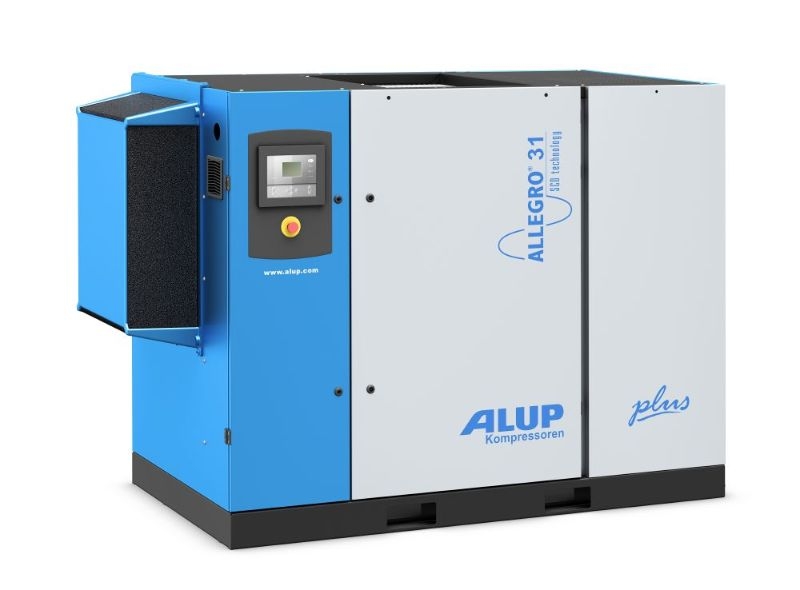Schraubenkompressor ALLEGRO 37 A 9,5 CE 400/50 für professionelle Druckluftanwendungen, mit hoher Förderleistung, energieeffizientem Betrieb und zuverlässigem Dauerbetrieb in Werkstatt und Industrie.