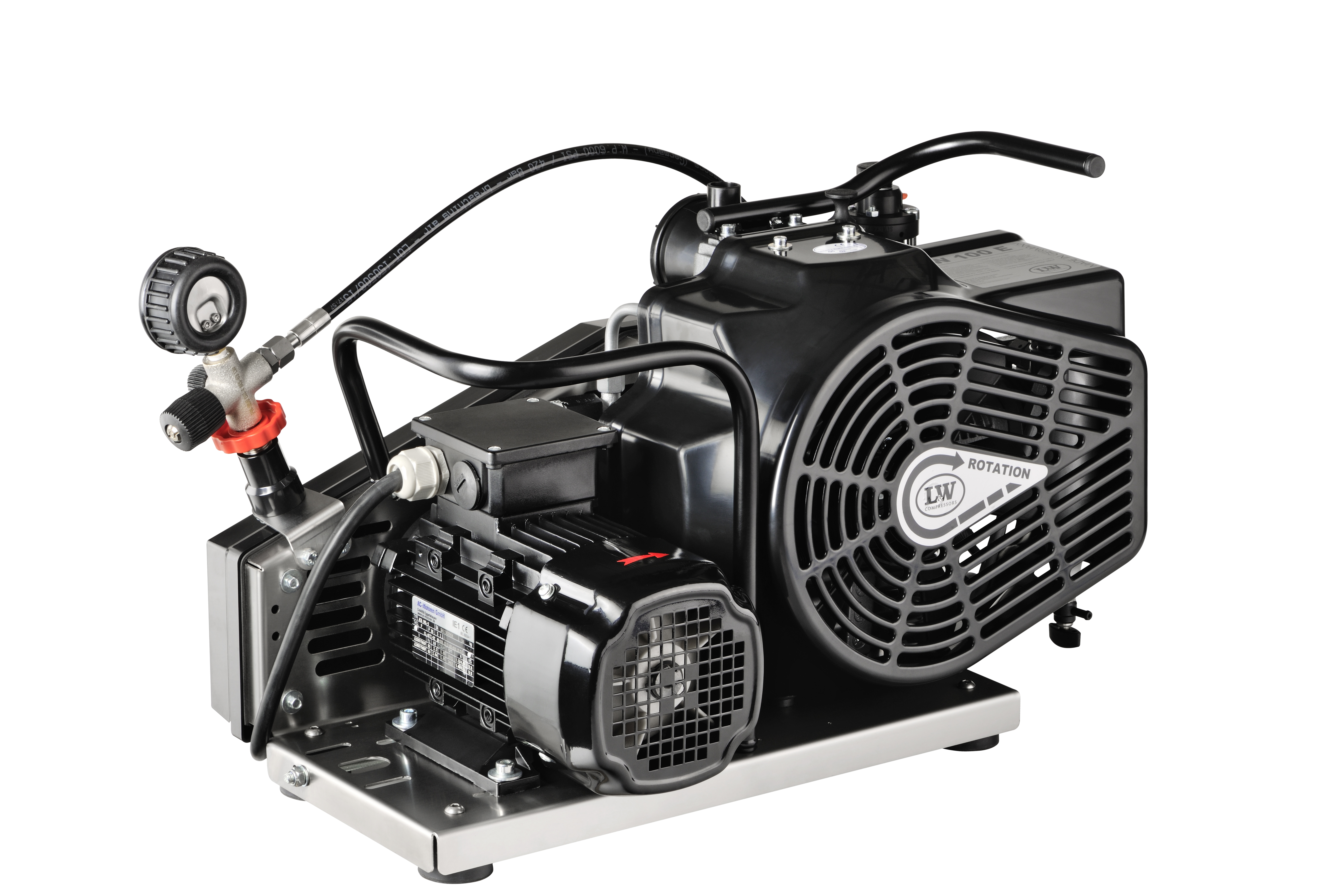 LW 100 E – Kompakter Elektro-Kompressor für Atemluftanwendungen Abbildung des LW 100 E, einem tragbaren Elektro-Atemluftkompressor von L&W, ideal zur Befüllung von Tauch-, Feuerwehr- oder Paintballflaschen mit sauberer, gefilterter Druckluft.