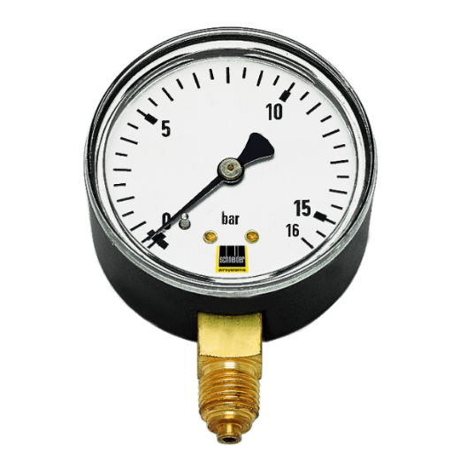 Senkrechtes Manometer zur präzisen Anzeige von Druckwerten in Druckluft- und Flüssigkeitssystemen, robustes Gehäuse für zuverlässigen Einsatz in Werkstatt und Industrie.