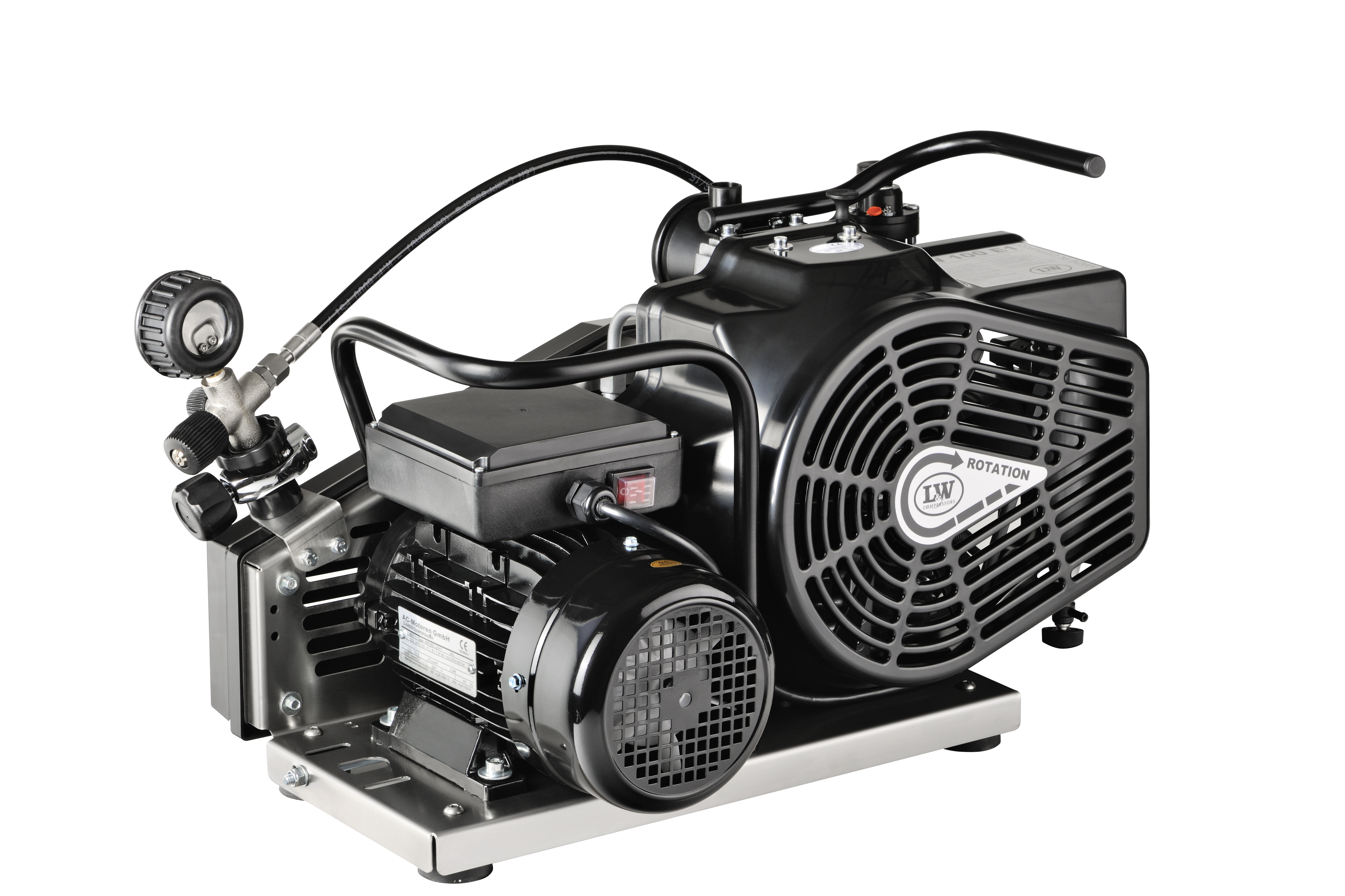 Kompakter und robuster Kolbenkompressor LW 100 E1 für mobile Anwendungen. Mit 100 l/min Förderleistung, 330 bar max. Druck und 2,2 kW Elektromotor (230 V, 1 Phase).