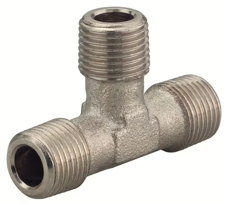 T-Stück R 1/4" a/a/a aus robustem Metall zur Verbindung von drei Druckluftleitungen mit Außengewinde für eine gleichmäßige Luftverteilung.