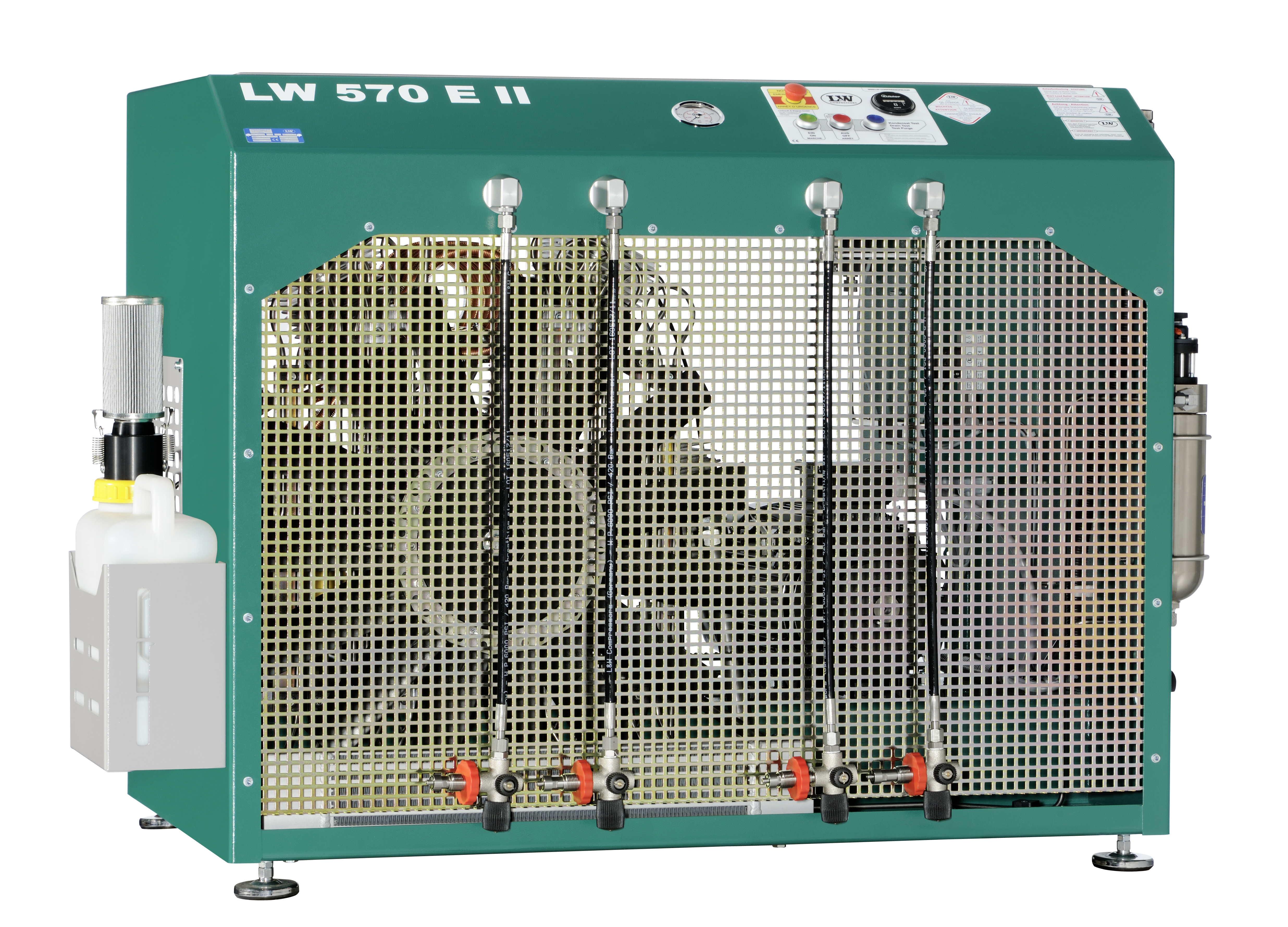 Abbildung des LW 570 E II, eines Elektro-Kompressors zur Befüllung von Tauch- und Feuerwehrflaschen, der saubere und gefilterte Druckluft zuverlässig liefert.