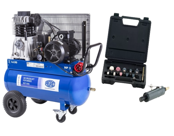 Kompressor TWISTER 2500D kombiniert mit Stabschleifer-Set, ideal für Druckluftanwendungen, Schleif- und Polierarbeiten an Metall, Holz oder Kunststoff in Werkstatt und Industrie.