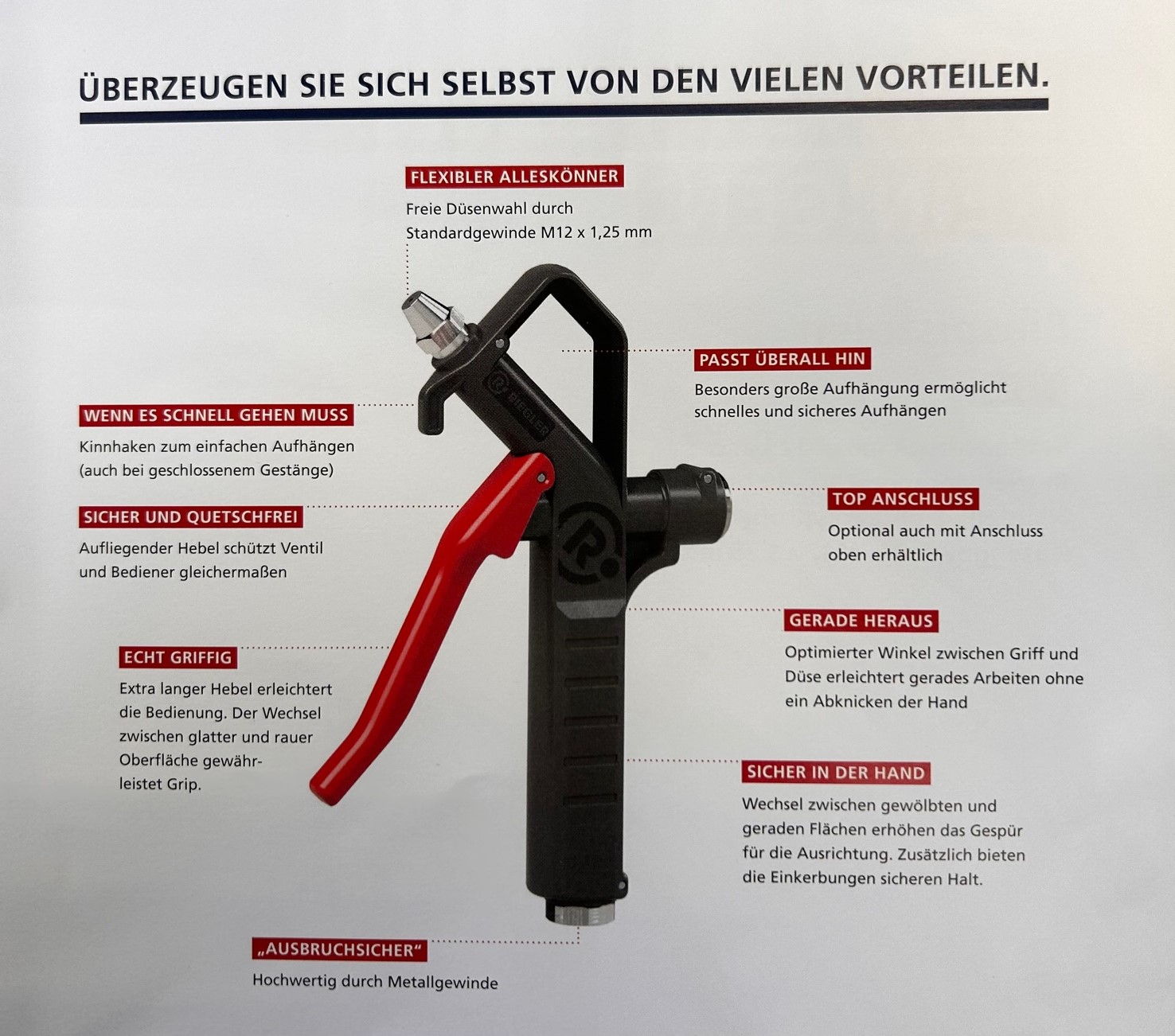 Blaspistole mit dosierbarer Luftmenge und Standarddüse, Anschluss an der Unterseite für flexible Druckluftreinigung.