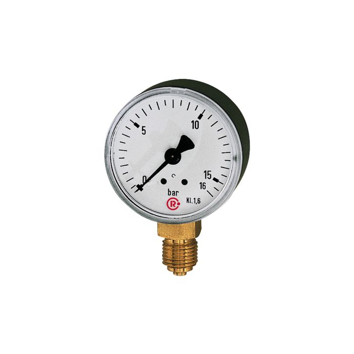 Senkrechtes Manometer R 1/4" zur präzisen Messung von Druck bis 2,5 bar in Rohr- und Schlauchsystemen, geeignet für Druckluft- und Flüssigkeitsanwendungen.