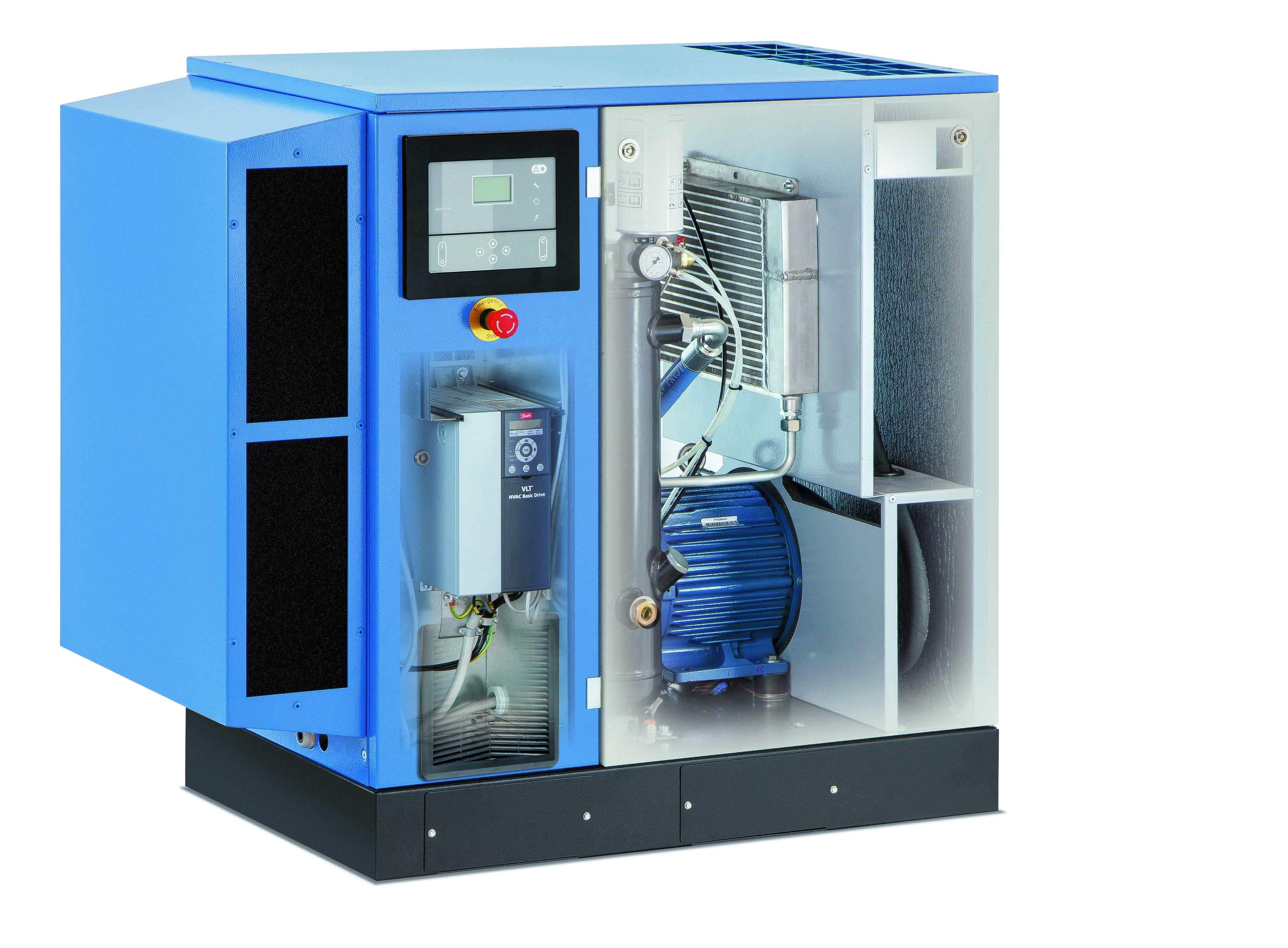 Schraubenkompressor ALLEGRO – leistungsstarker Kompressor für Industrie und Werkstatt Abbildung des Schraubenkompressors ALLEGRO, einem öleingespritzten Kompressor für kontinuierliche Luftversorgung in industriellen und handwerklichen Anwendungen, ausgestattet für hohe Förderleistung und zuverlässigen Dauerbetrieb.