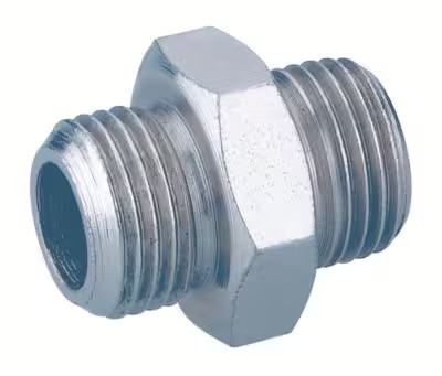 Abbildung eines Doppelnippels, eines metallischen Verbindungselements mit Außengewinde an beiden Enden, verwendet zum sicheren Verbinden von Rohr- oder Schlauchleitungen in Druckluft-, Wasser- oder Gasinstallationen.