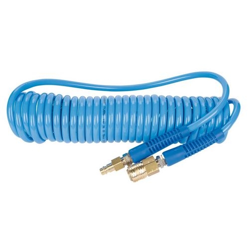 Flexibler Spiralschlauch 6,5 x 10 mm, 6 m lang, ideal für Druckluft- und Pneumatik-Anwendungen in Werkstatt und Industrie.