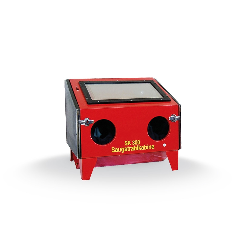 Saugstrahlkabine SK 300 mit leistungsstarker Absaugung, ideal zum schonenden und sauberen Strahlen von Werkstücken in Werkstatt und Industrie.
