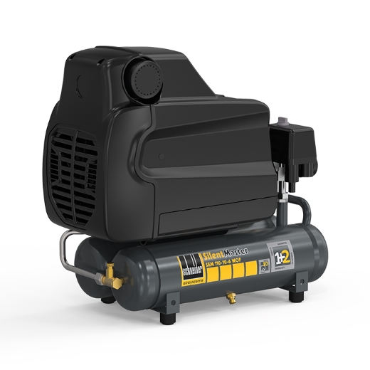 Abbildung des SEM 110-8-6 WOF Kompressors, einem handlichen und ölfreien Kolbenkompressor mit 6-Liter-Tank, ideal für mobile Einsätze und kleinere Druckluftarbeiten.