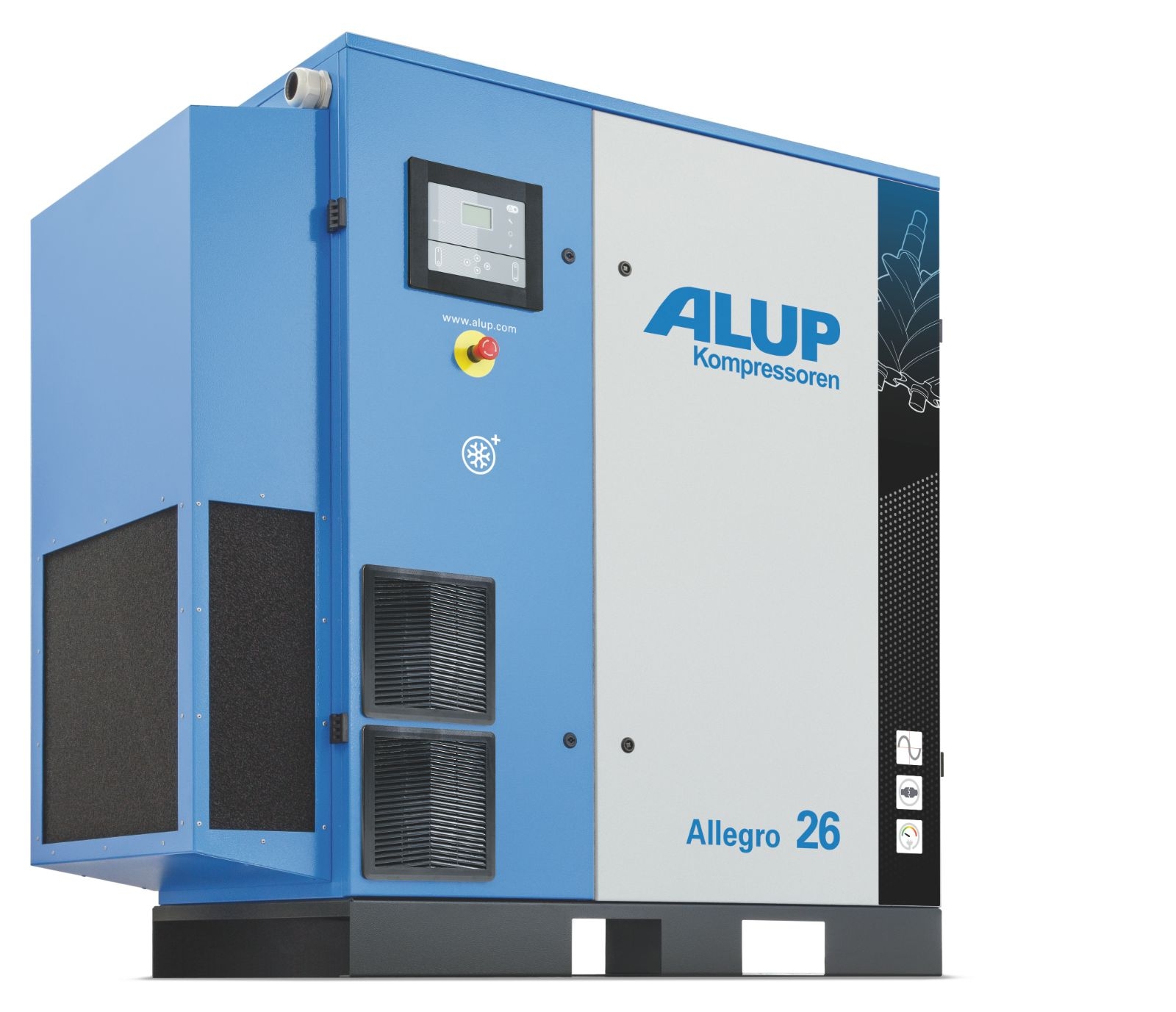 Schraubenkompressor ALLEGRO – leistungsstarker Kompressor für Industrie und Werkstatt Abbildung des Schraubenkompressors ALLEGRO, einem öleingespritzten Schraubenkompressor für kontinuierliche Druckluftversorgung in industriellen und handwerklichen Anwendungen, ausgelegt für hohe Förderleistung und zuverlässigen Dauerbetrieb.