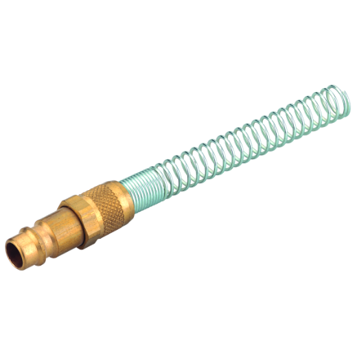 Stecknippel mit integrierter Knickschutzfeder für sicheren Anschluss von Druckluftschläuchen; schützt vor Knicken und erhöht die Lebensdauer des Schlauchs.