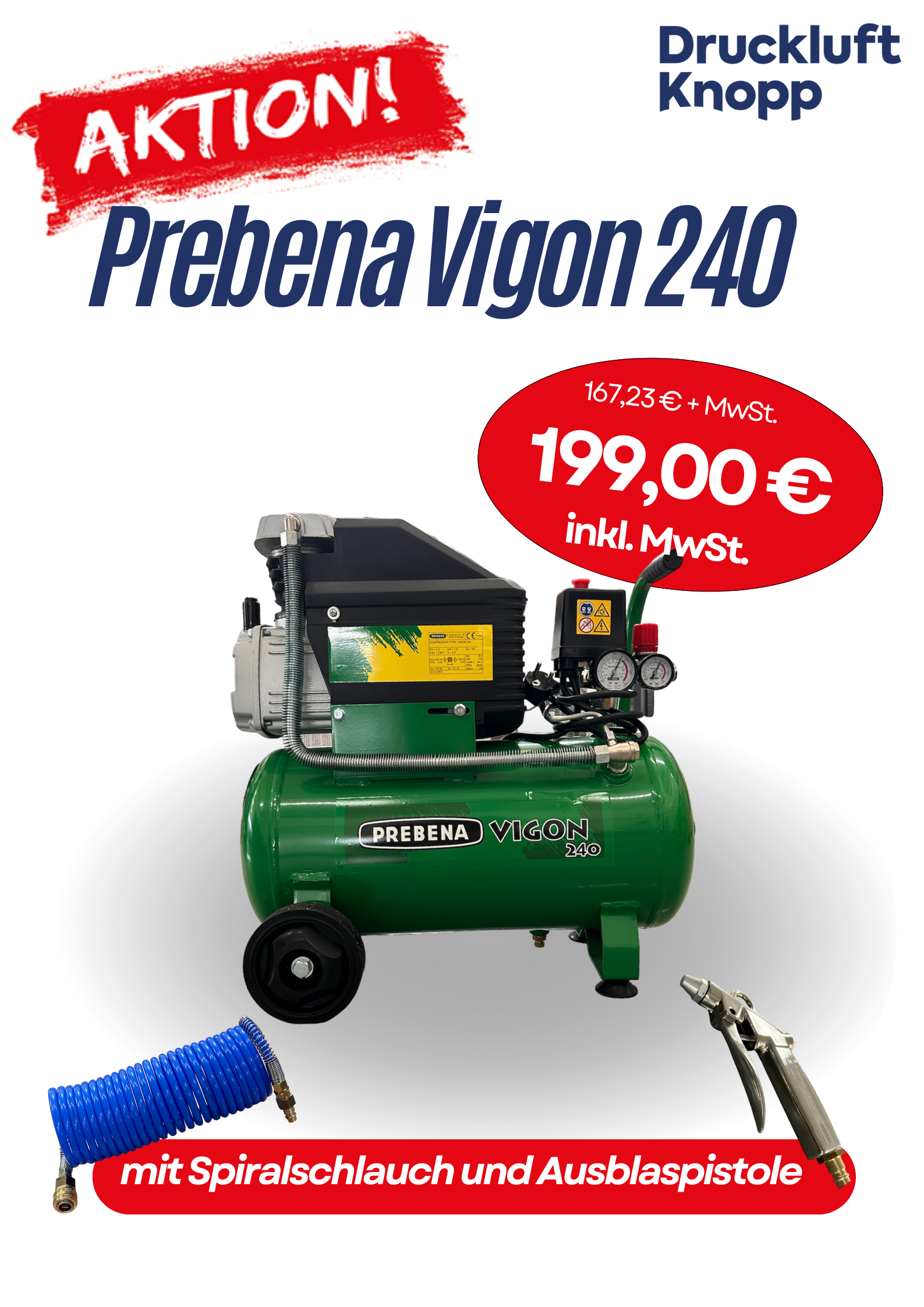 Kompakter Kolbenkompressor Prebena VIGON 240 mit 24-Liter-Kessel, 8 bar maximalem Betriebsdruck und 160 l/min Füllleistung – ideal für Werkstätten, Heimwerker und industrielle Anwendungen.