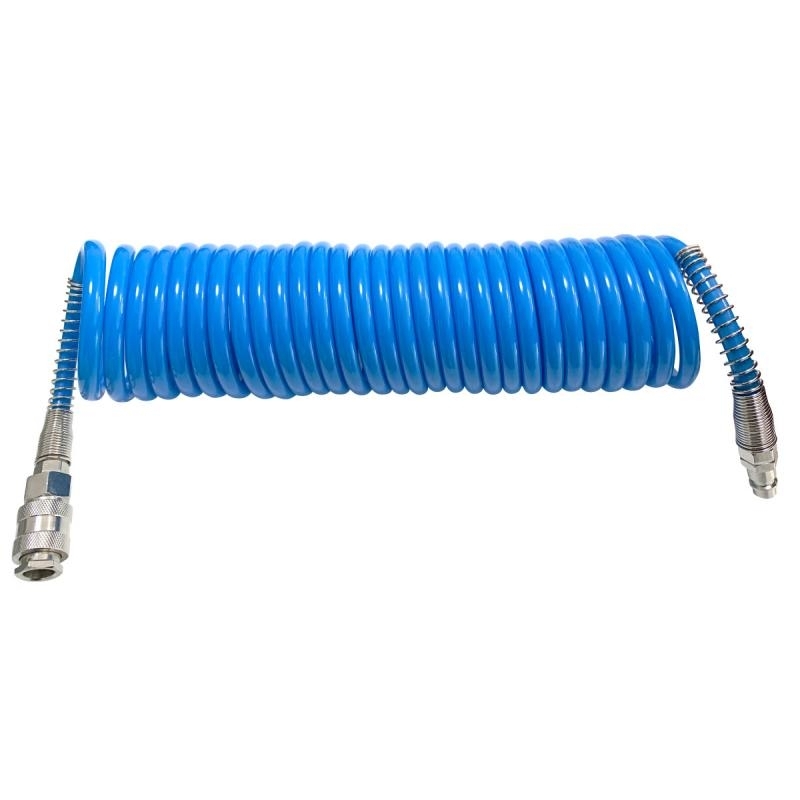 Blauer Spiralschlauch mit Abmessung 8 x 12 mm und 10 Metern Länge, ideal für den flexiblen Einsatz mit Druckluftwerkzeugen.