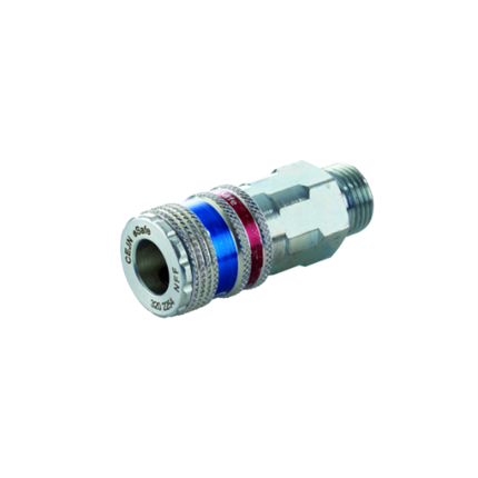 Robuste Sicherheits-Schnellkupplung aus Metall, ermöglicht schnelles, dichtes und sicheres Verbinden und Trennen von Druckluftschläuchen.