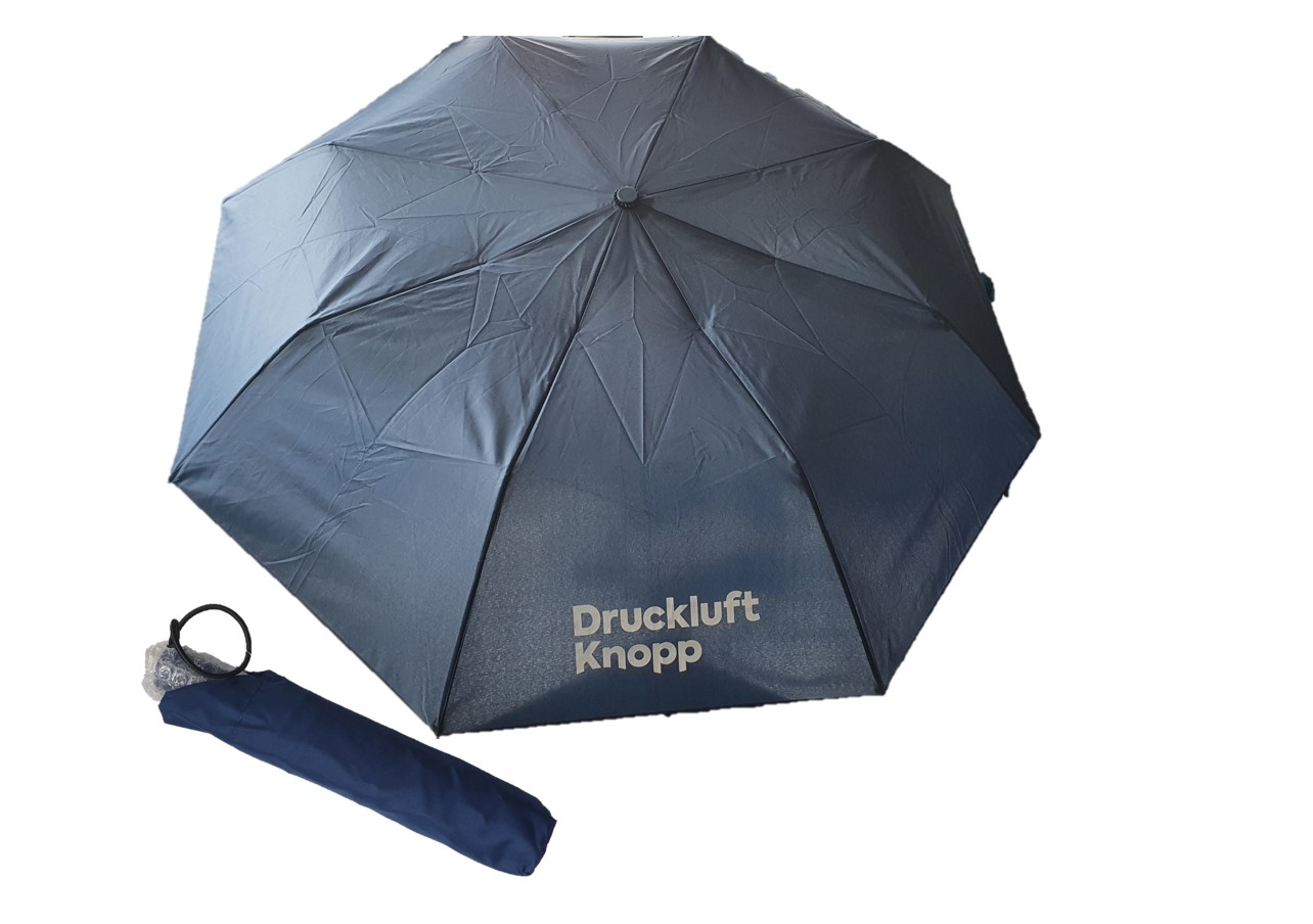 Kompakter Taschenschirm als Werbegeschenk, erhältlich gratis ab einem Bestellwert von 100 €; handlich, leicht und ideal für unterwegs.